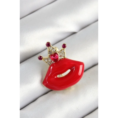 Zirkon Taşlı Kraliçe Taç Detaylı 3D Kırmızı Dudak Figürlü Gold Renk Kadın Broş