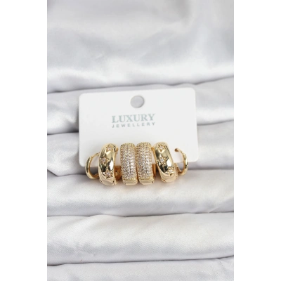 Zirkon Taşlı Pirinç Gold Renk Halka Kadın Küpe Seti