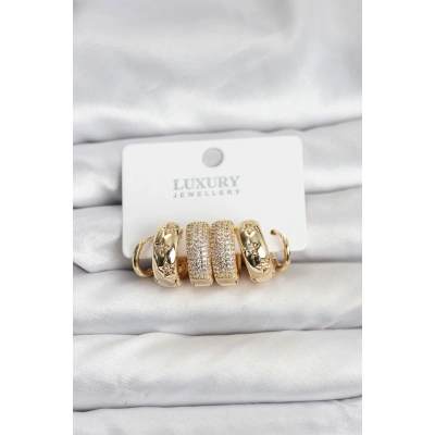 Zirkon Taşlı Pirinç Gold Renk Halka Kadın Küpe Seti