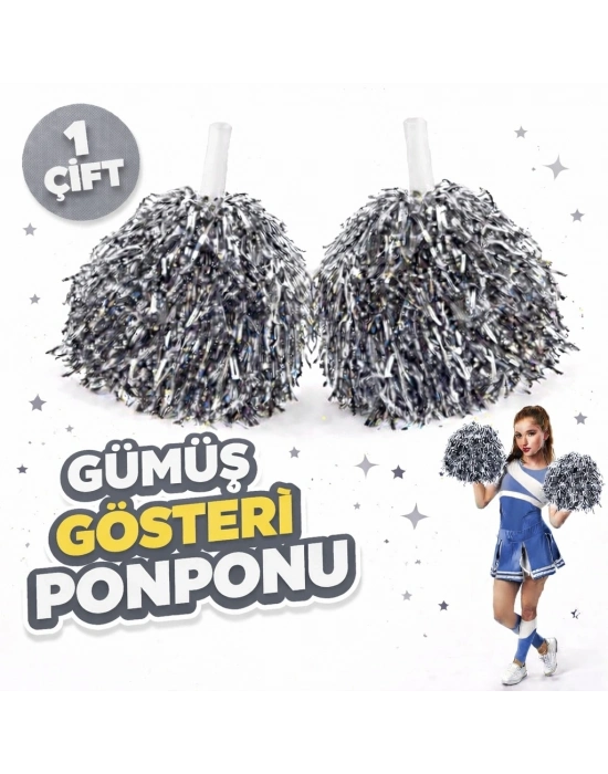 1 Çift ( 2 Adet ) Gümüş Renk 23 Nisan 19 Mayıs 29 Ekim Okul Gösteri Ponponları Ekstra Dolgun