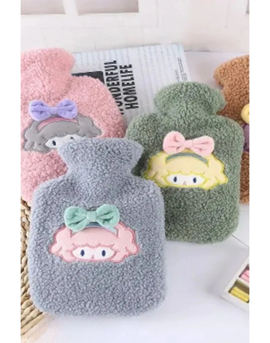 ®   1 Litre Polar Peluş Örgülü,Kurdeleli Saçlı Kız Model Sıcak Su Torbası