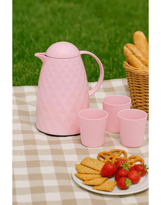 1 Lt Akrilik Soft Pembe Çay Termosu 12 Saat Sıcak 24 Saat Soğuk
