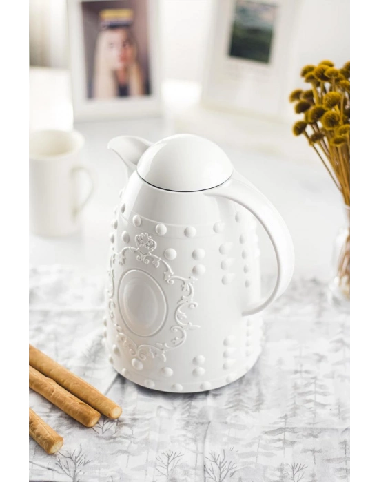 1 LT Isı Yalıtımlı Çay Ve Soğuk Su Termosu Beyaz (12 Saat Sıcak Tutar& İçi Camdır)