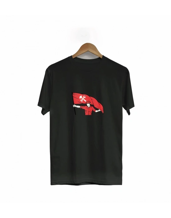 1 Mayıs Emek ve Dayanışma Bayraklı Emekçi Baskılı Bisiklet Yaka T-shirt - Siyah
