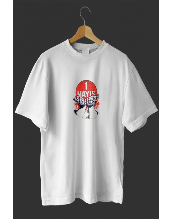 1 Mayıs Emek ve Dayanışma Günü Baskılı Oversize Bisiklet Yaka T-shirt - Beyaz