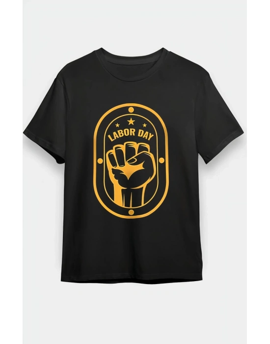 1 Mayıs Labor Day Emekçi Temalı Baskılı Oversize Bisiklet Yaka T-shirt - Siyah