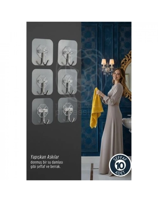 ® 10lu Şeffaf Yapışkanlı Askı, Mutfak Banyo Duvar Askısı, Çivisiz Pratik Kanca Seti