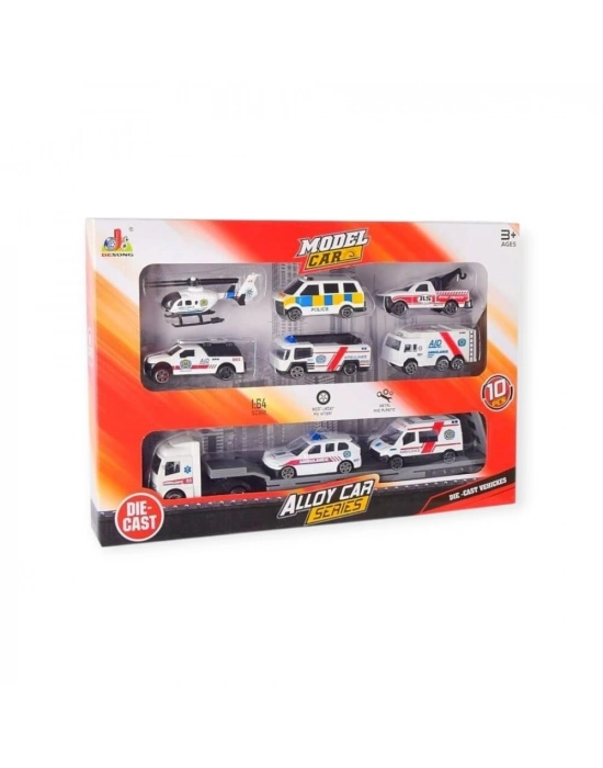 10 Parça Araç Taşıyan Tır Seti - Die Cast - DS047 - Ambulans