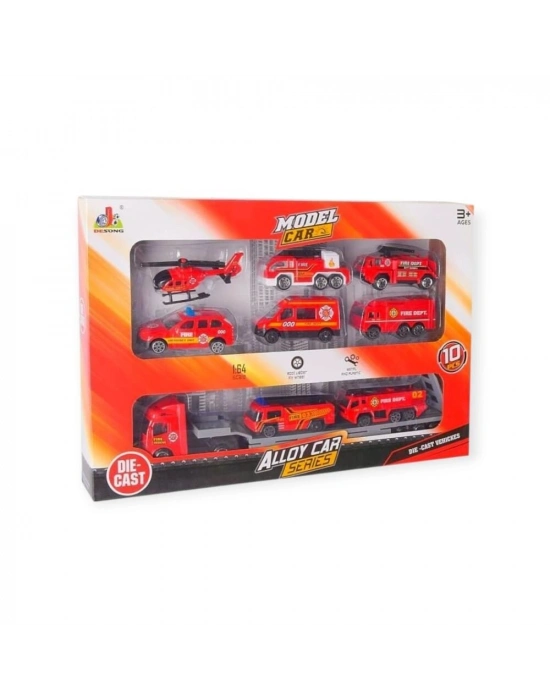 10 Parça Araç Taşıyan Tır Seti - Die Cast - DS047 - İtfaiye