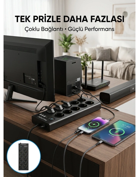 10 Prizli USB Destekli Çoklu Priz Type-C Şarj Girişli Güvenli Güç Ünitesi