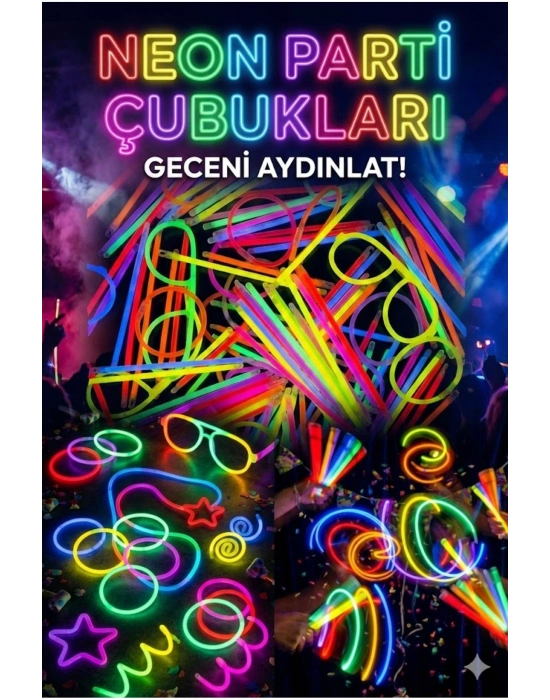® 100 Adet Fosforlu Glow Stick Parti Seti | Bileklik, Kolye ve Eğlenceli Işık Çubukları