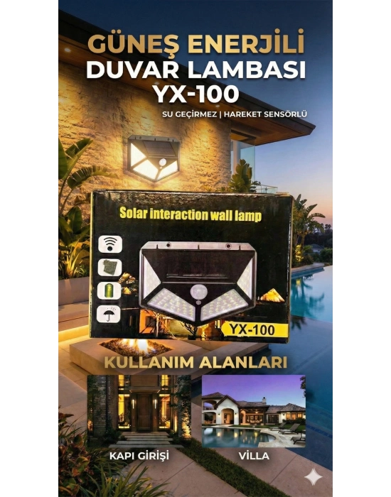 100 Led Dış Mekan Solar Aydınlatma Fotoselli Solar Lamba Hareket Sensörlü