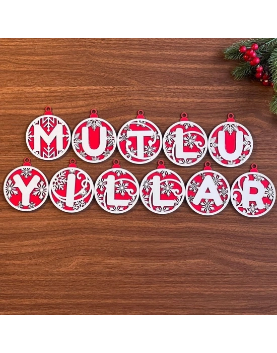 ®  11 Harfli Kırmızı Beyaz İpli MUTLU YILLAR Yazılı Ahşap Yılbaşı Ağaç Süsü