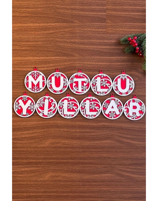 ®  11 Harfli Kırmızı Beyaz İpli MUTLU YILLAR Yazılı Ahşap Yılbaşı Ağaç Süsü