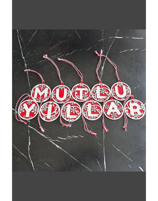 ®  11 Harfli Kırmızı Beyaz İpli MUTLU YILLAR Yazılı Ahşap Yılbaşı Ağaç Süsü