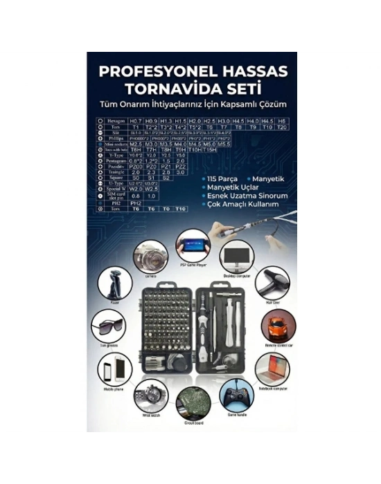 115 Parça Manyetik Uçlu Hassas Tornavida Seti