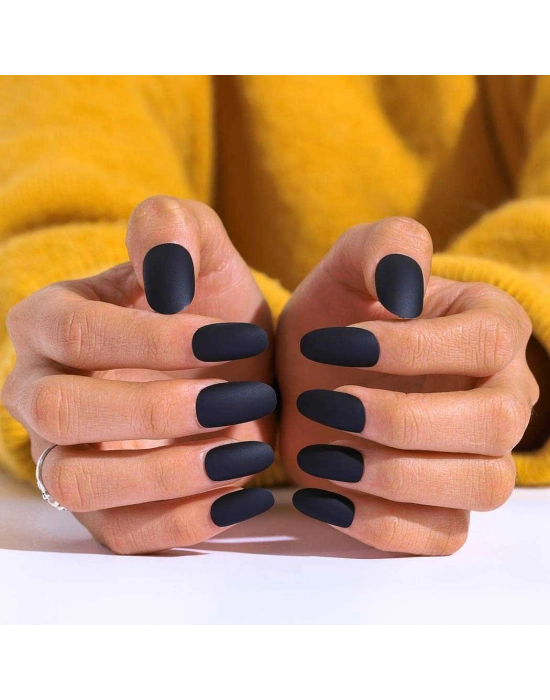 12 Adet Kendinden Yapışkanlı Tak ve Çık Mat Siyah Takma Tırnak