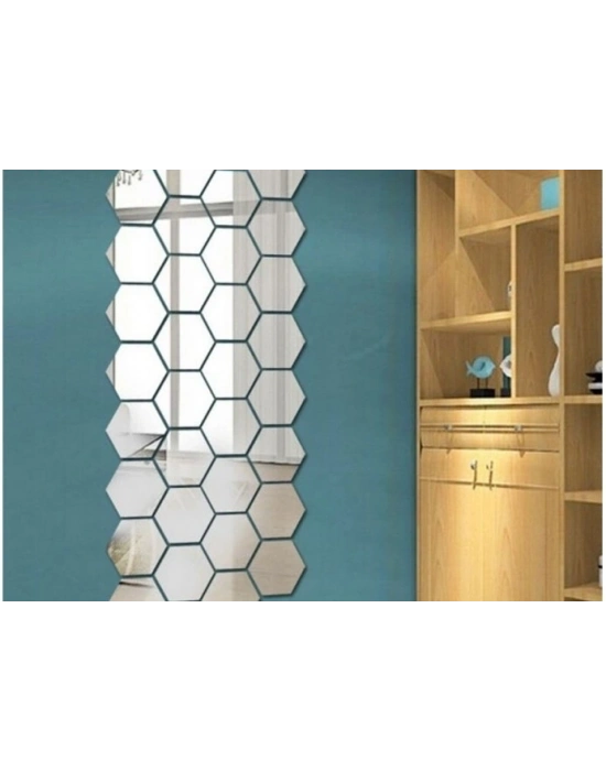 12 Adet Orta Boy Yapışkanlı Dekoratif Akrilik Ayna Altıgen