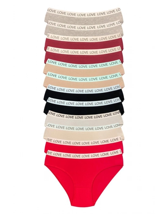 12 Adet Pamuklu Esnek Kadın Slip Bikini Külot Geniş Lastikli Baskılı