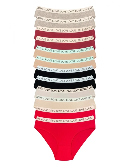 12 Adet Pamuklu Esnek Kadın Slip Bikini Külot Geniş Lastikli Baskılı