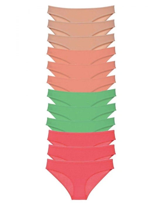 12 adet Süper Eko Set Likralı Kadın Slip Külot Ten Pudra Yeşil Fuşya