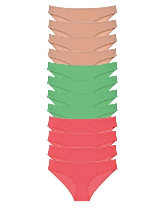 12 adet Süper Eko Set Likralı Kadın Slip Külot Ten Yeşil Fuşya