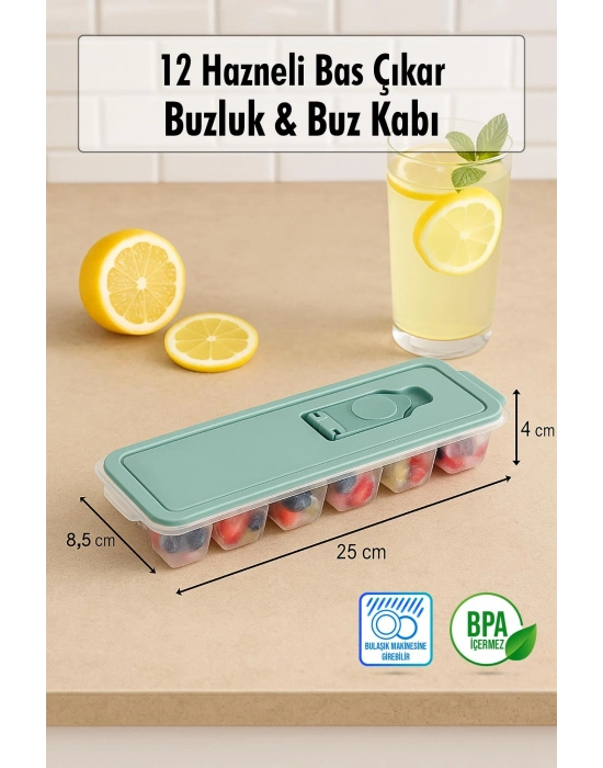 12 Hazneli Bas Çıkar Buzluk & Buz Kabı Beyaz