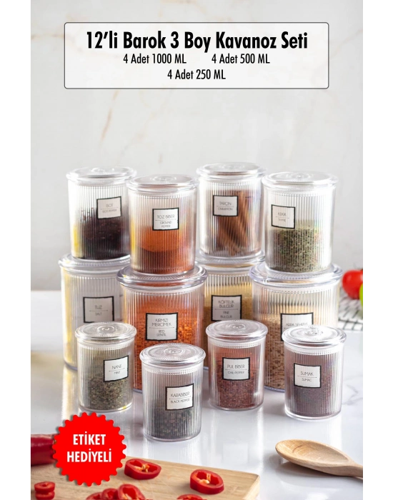 12li Barok Yuvarlak 3 Boy Kavanoz Seti & Saklama Kabı & Erzak Kabı  (4*1000 ML, 4*500 ML,4*250 ML)