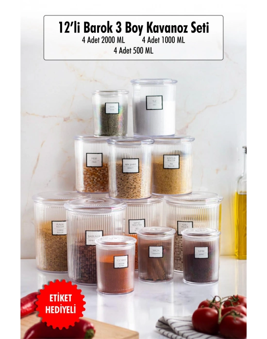 12li Barok Yuvarlak 3 Boy Kavanoz Seti & Saklama Kabı & Erzak Kabı (4*2000 ML, 4*1000 ML, 4*500 ML)