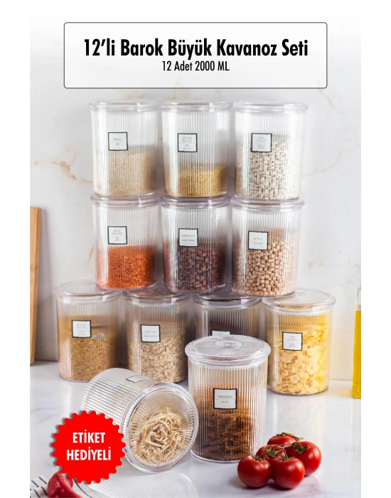 12li Barok Yuvarlak Büyük Kavanoz Seti & Saklama Kabı & Erzak Kabı (12*2000 ML)