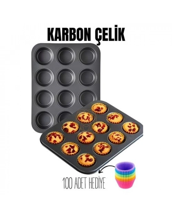 12 li Muffin Kalıbı Teflon Çelik 100 Muffin Kağıtlı 719516