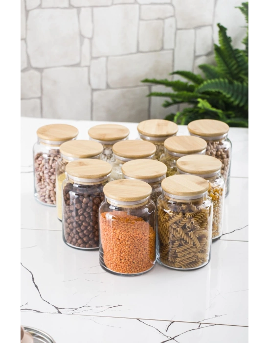 12 Lü Set Bambu Kapaklı Cam Kavanoz & Erzak Saklama Kabı 800 ml Orta  Boy ( Vakum Kapak )