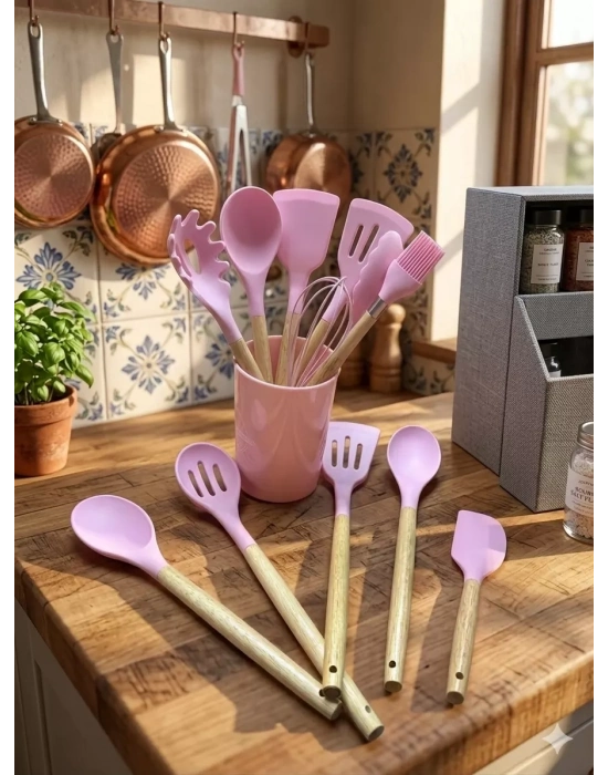 12 Parça Bambu Saplı Silikon Mutfak Gereçleri Seti - Pembe Mutfak Servis Seti