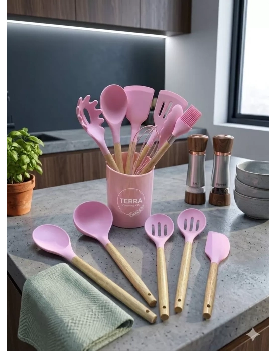 12 Parça Bambu Saplı Silikon Mutfak Gereçleri Seti - Pembe Mutfak Servis Seti