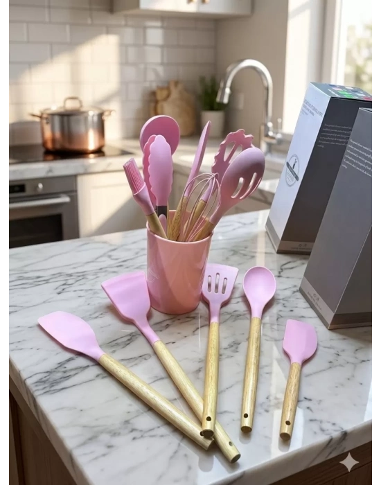 12 Parça Bambu Saplı Silikon Mutfak Gereçleri Seti - Pembe Mutfak Servis Seti