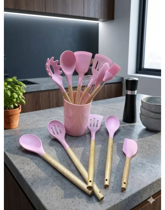 12 Parça Bambu Saplı Silikon Mutfak Gereçleri Seti - Pembe Mutfak Servis Seti