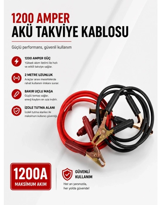 1200 Amper Akü Takviye Kablosu 2 Metre Bakır Uçlu