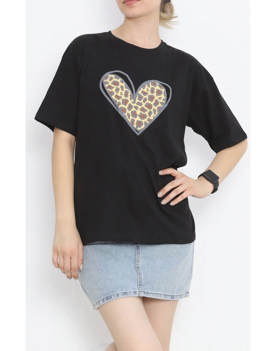 14 Şubat Sevgililer Günü Leopar Kalp Baskılı Oversize Bisiklet Yaka T-shirt - Siyah