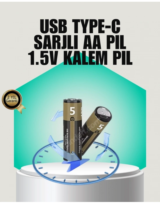 1.5V AA Şarjlı Lityum Pil | 1000+ Kez Şarj Edilebilir | Hızlı Type-C Şarj (2 Adet)