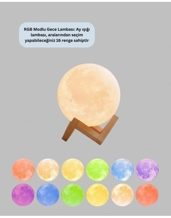 16 Renkli 3D Ay Gece Lambası RGB Modlu Şarjlı