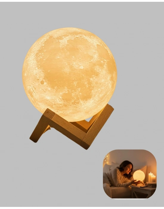 16 Renkli 3D Baskılı Ay Lambası Ahşap Standlı