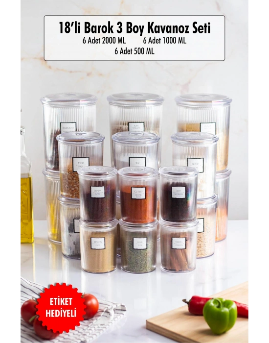 18li Barok Yuvarlak 3 Boy Kavanoz Seti & Saklama Kabı & Erzak Kabı (6*2000 ML, 6*1000 ML ,6*500 ML)