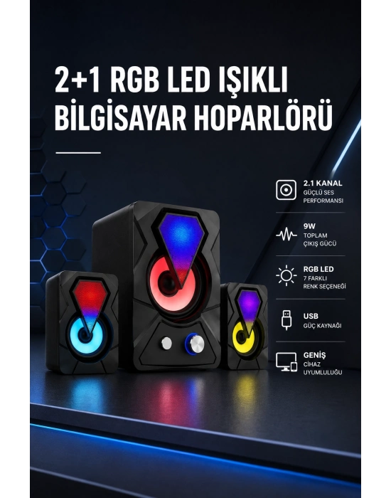 2+1 RGB LED Işıklı Güçlü Bas Sistemli Bilgisayar Hoparlörü