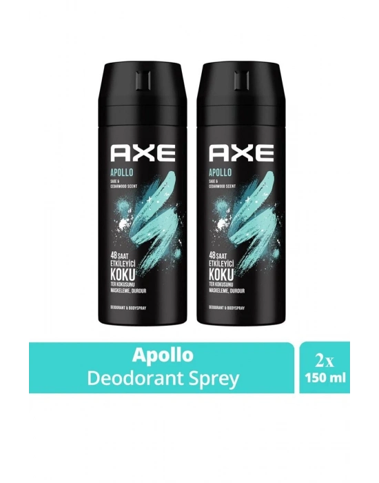 2 Adet Axe Erkek Sprey Deodorant Apollo 48 Saat Etkileyici Koku Vücut Spreyi 150 ml