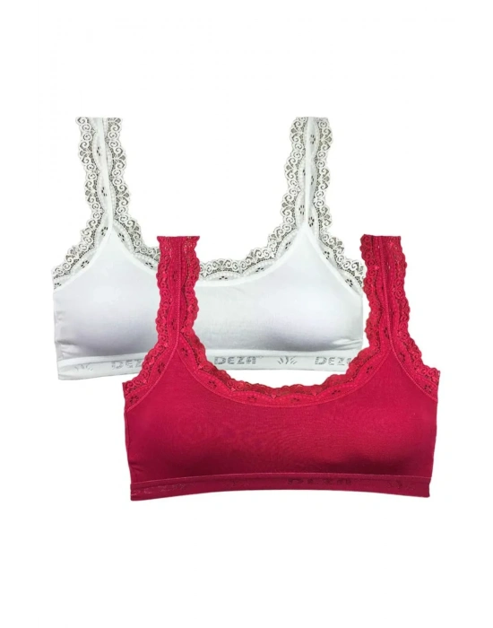 2 Adet Dantel Nakış İşlemeli Pedli Bambu Kadın Büstiyer Beyaz Bordo
