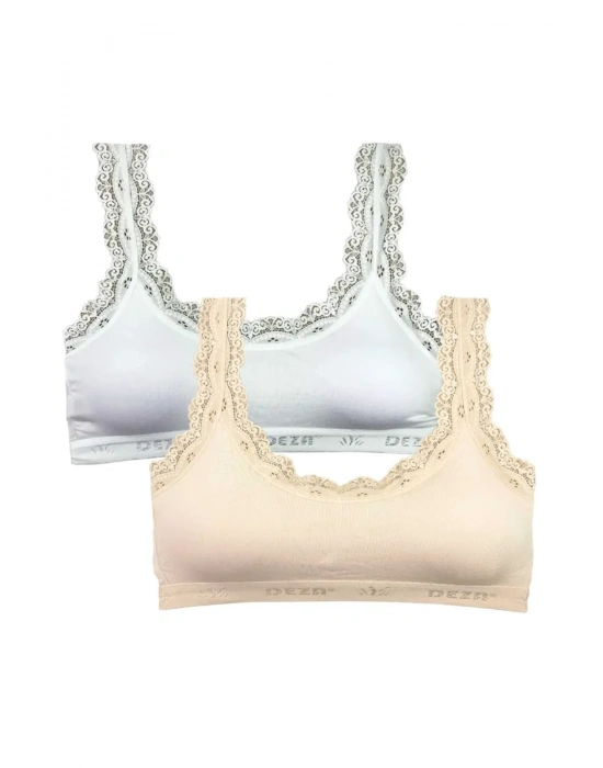 2 Adet Dantel Nakış İşlemeli Pedli Bambu Kadın Büstiyer Beyaz Krem