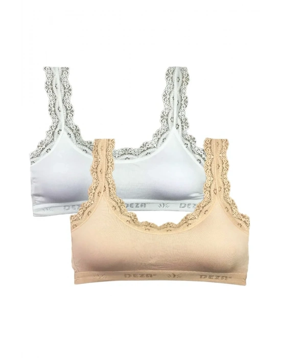 2 Adet Dantel Nakış İşlemeli Pedli Bambu Kadın Büstiyer Beyaz Ten