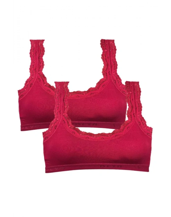 2 Adet Dantel Nakış İşlemeli Pedli Bambu Kadın Büstiyer Bordo