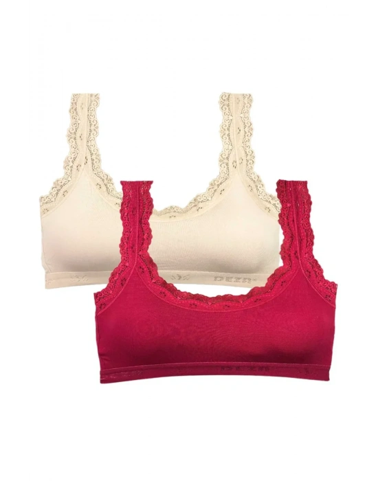 2 Adet Dantel Nakış İşlemeli Pedli Bambu Kadın Büstiyer Krem Bordo