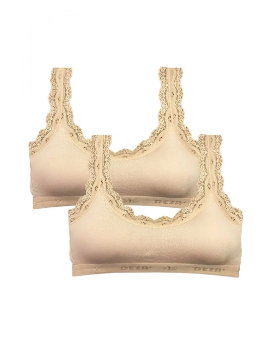 2 Adet Dantel Nakış İşlemeli Pedli Bambu Kadın Büstiyer Ten
